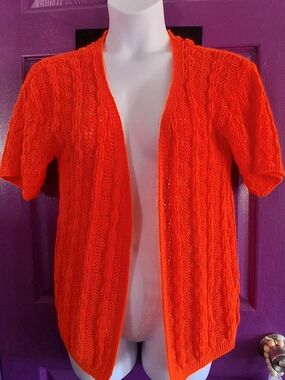 Open-Front Short-Sleeve Cable Knit Cardigan - Orange